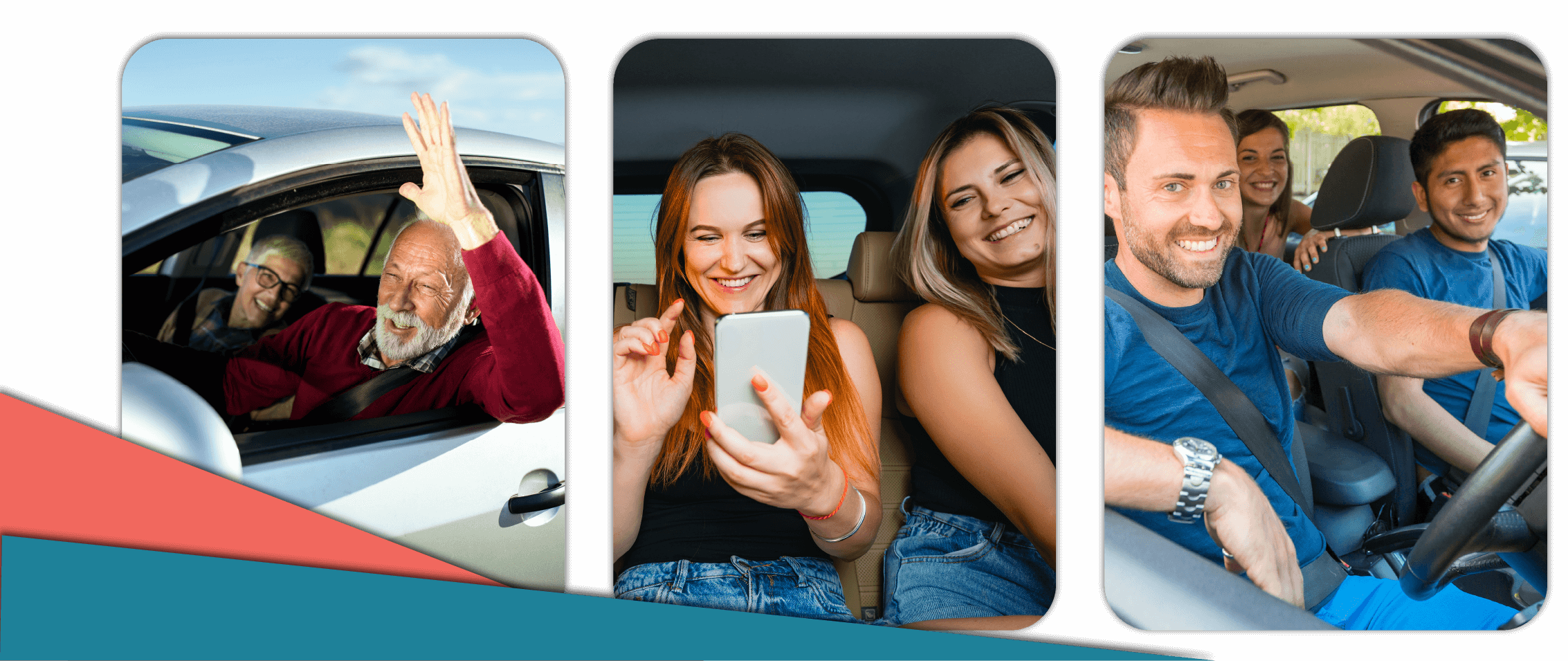 3 sammensatte billeder der hver indeholder et eksempel på mennesker som kører sammen i bil. Lige fra unge - voksne og ældre.