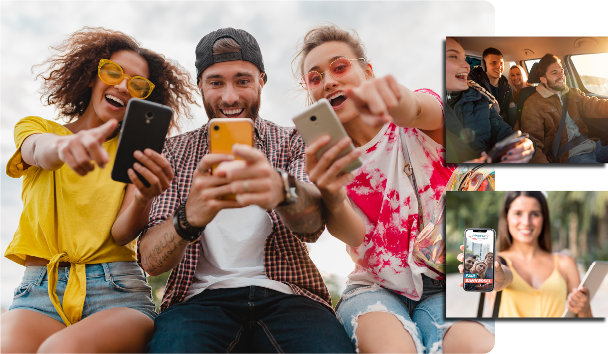 Forskellige mennesker med mobiltelefon i hånden. PinStop på mobiltelefonen. 