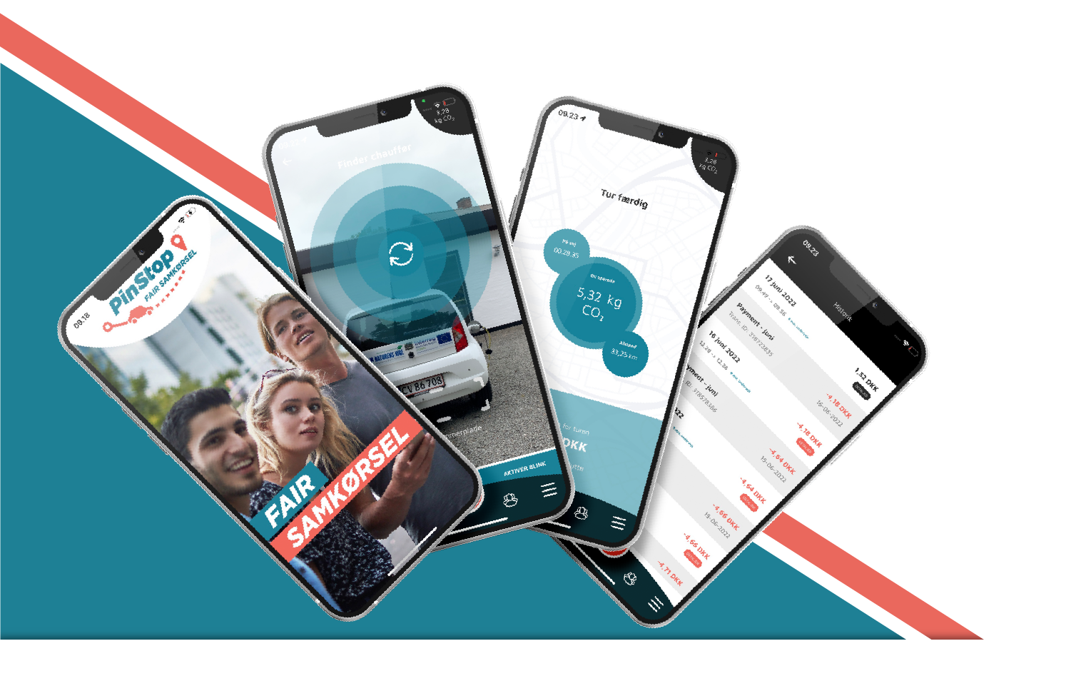 3 telefoner med Pinstop screenshots