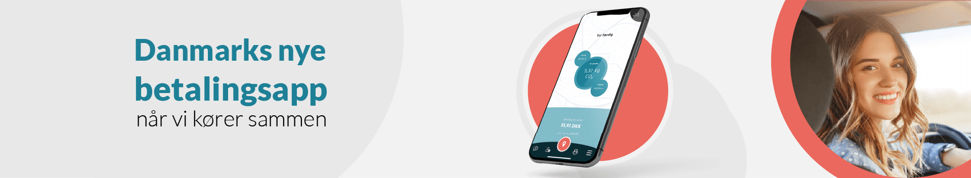 Danmarks nye betalingsapp når vi køre sammen. Billede af telefon med skærmbillede og ung kvinde i bil